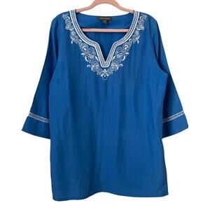 Tommy Bahama Top Womens Large Blue Silk Embroidered Tunic Boho Beach Coastal